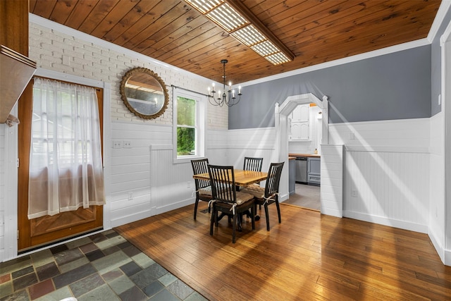 342-344 Van Wagner Rd, Poughkeepsie, NY 12603 - dining room featuring a wainscoted wall, a chandelier, ornamental molding, wood-type flooring, and wood ceiling