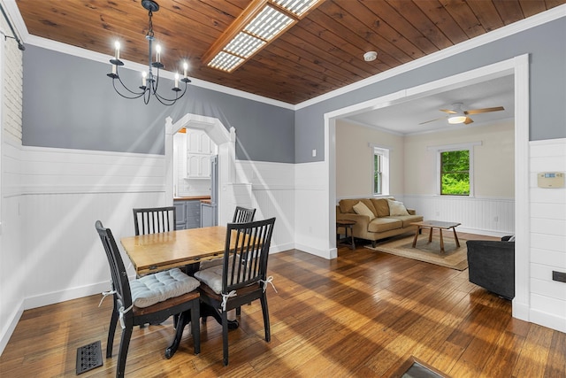 342-344 Van Wagner Rd, Poughkeepsie, NY 12603 - dining area featuring ornamental molding, wainscoting, wooden ceiling, dark wood-style floors, and a ceiling fan