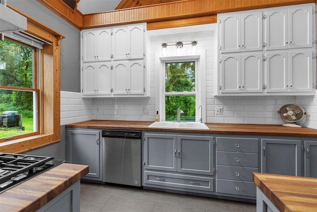 342-344 Van Wagner Rd, Poughkeepsie, NY 12603 - kitchen featuring wood counters, stainless steel dishwasher, gray cabinets, and backsplash