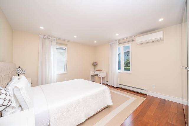79 Fern St, New Rochelle, NY 10801 - bedroom with a wall mounted AC, wood finished floors, baseboard heating, multiple windows, and recessed lighting
