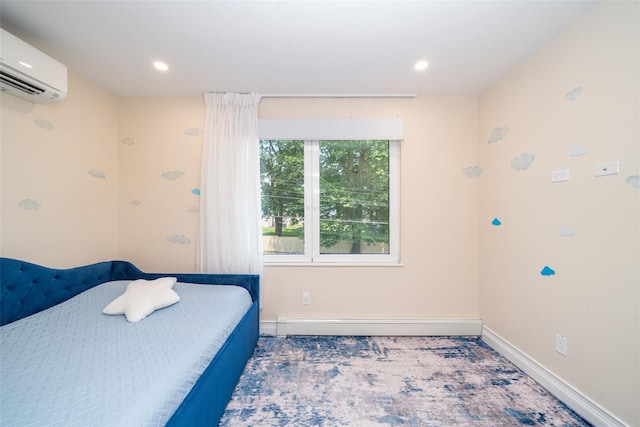 79 Fern St, New Rochelle, NY 10801 - bedroom featuring an AC wall unit, a baseboard radiator, and recessed lighting