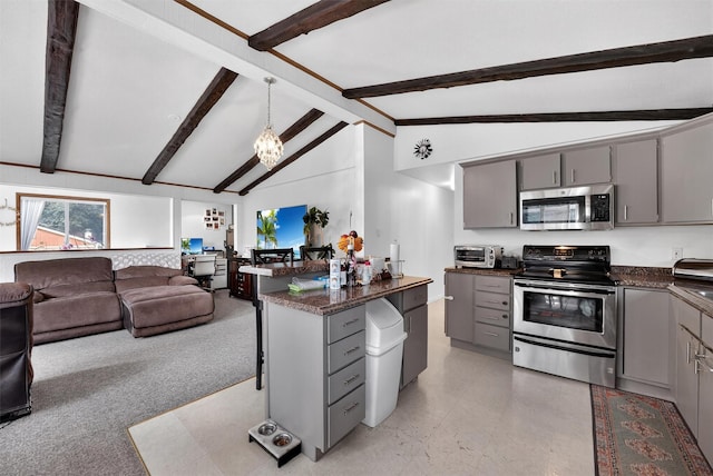 11 Beverly Ln, Peekskill, NY 10566 - kitchen with appliances with stainless steel finishes, gray cabinetry, a chandelier, and open floor plan