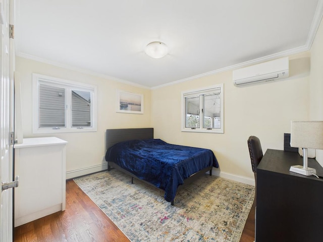 260 9th St, Bethpage, NY 11714 - bedroom with a wall mounted AC, baseboard heating, ornamental molding, wood finished floors, and an office area