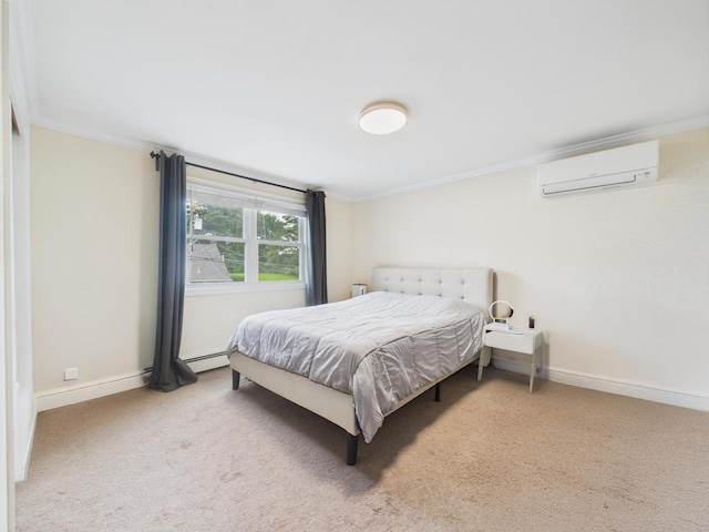 260 9th St, Bethpage, NY 11714 - carpeted bedroom featuring a wall mounted air conditioner, ornamental molding, and a baseboard heating unit