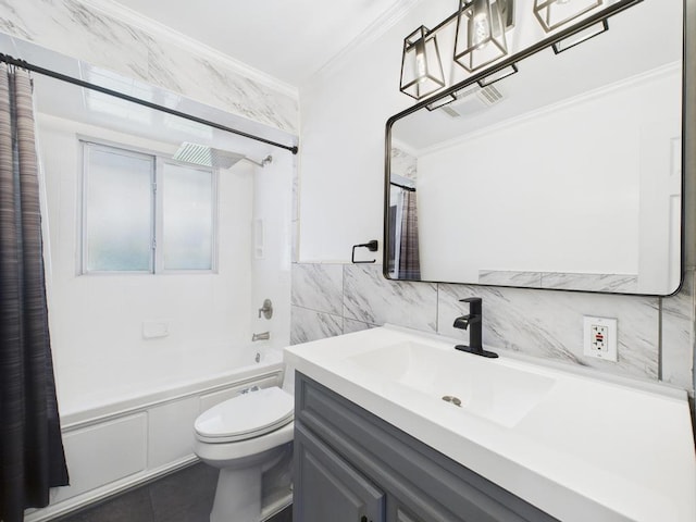260 9th St, Bethpage, NY 11714 - full bathroom featuring crown molding, shower / tub combo with curtain, vanity, and tile walls
