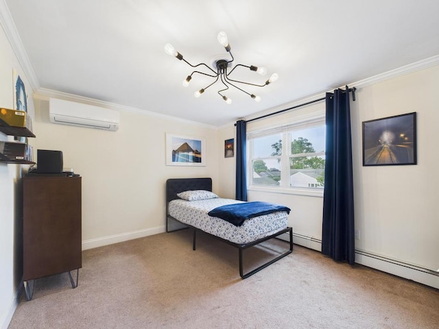 260 9th St, Bethpage, NY 11714 - carpeted bedroom with an AC wall unit, a chandelier, ornamental molding, and a baseboard radiator