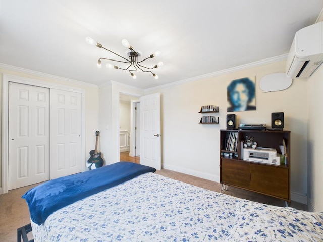 260 9th St, Bethpage, NY 11714 - bedroom featuring a wall mounted air conditioner, ornamental molding, a chandelier, carpet, and a closet