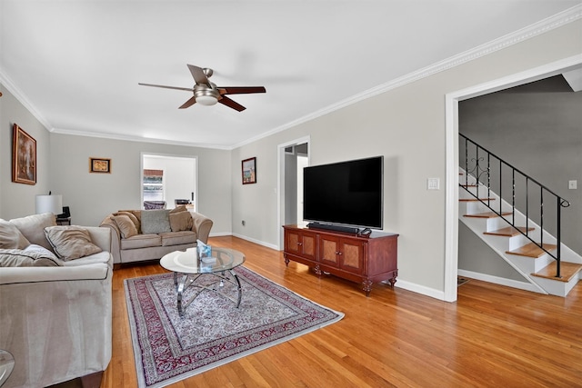 34 Winter Hill Rd, Tuckahoe, NY 10707 - living room with a ceiling fan, ornamental molding, wood finished floors, and stairway