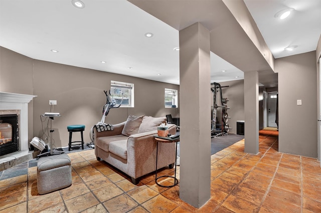34 Winter Hill Rd, Tuckahoe, NY 10707 - living area featuring recessed lighting, a premium fireplace, and stone tile floors