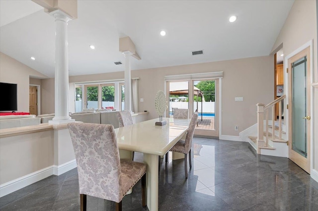 8 Kilmer Ave, Dix Hills, NY 11746 - dining area with ornate columns, granite tiled floors, recessed lighting, and vaulted ceiling