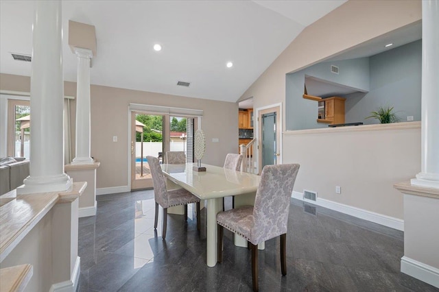 8 Kilmer Ave, Dix Hills, NY 11746 - dining area with decorative columns, lofted ceiling, recessed lighting, and dark tile patterned flooring