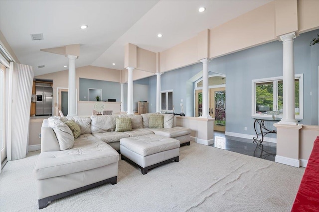 8 Kilmer Ave, Dix Hills, NY 11746 - living area featuring ornate columns, recessed lighting, carpet flooring, and high vaulted ceiling