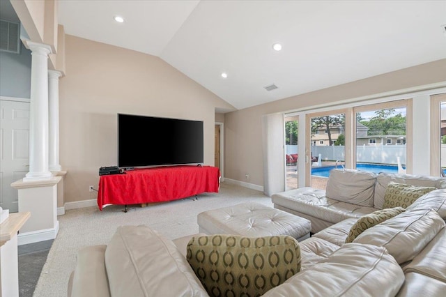 8 Kilmer Ave, Dix Hills, NY 11746 - living area featuring decorative columns, carpet flooring, lofted ceiling, and recessed lighting