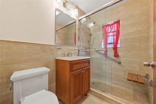 1112 Saint Lawrence Ave Front, Front, Bronx, NY 10472 - full bath featuring vanity, a shower stall, tile walls, and tile patterned flooring