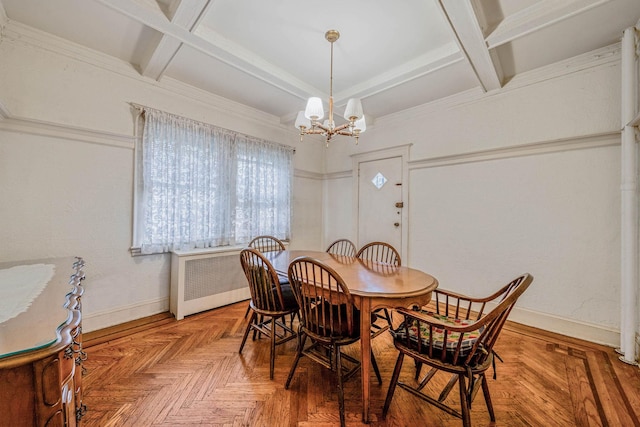 18803 Ilion Ave, Saint Albans, NY 11412 - dining room with radiator heating unit, a chandelier, coffered ceiling, and beam ceiling