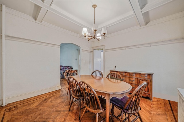18803 Ilion Ave, Saint Albans, NY 11412 - dining area with arched walkways, coffered ceiling, a chandelier, and beam ceiling