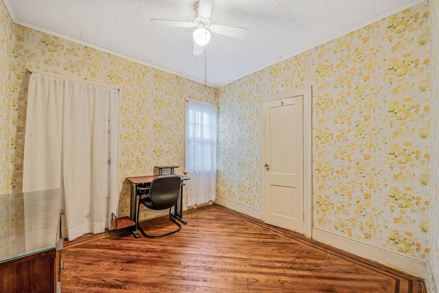 18803 Ilion Ave, Saint Albans, NY 11412 - office space with ornamental molding, wood finished floors, a ceiling fan, and wallpapered walls