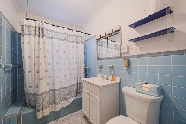 18803 Ilion Ave, Saint Albans, NY 11412 - bathroom with shower / tub combo with curtain, vanity, crown molding, tile walls, and tile patterned floors
