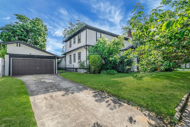 18803 Ilion Ave, Saint Albans, NY 11412 - view of front facade with stucco siding, a garage, and a chimney
