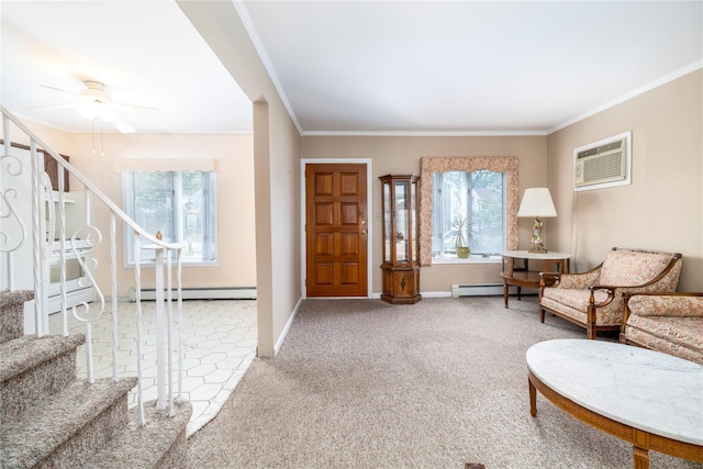 10 Wilton St, New Hyde Park, NY 11040 - carpeted entrance foyer with a baseboard heating unit, an AC wall unit, stairway, a baseboard radiator, and a ceiling fan