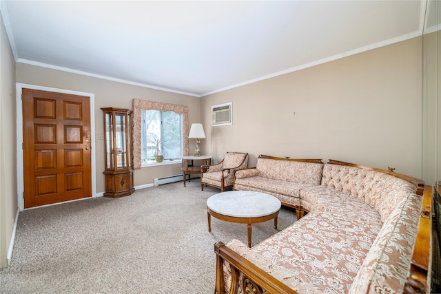 10 Wilton St, New Hyde Park, NY 11040 - carpeted living area with baseboard heating, crown molding, and an AC wall unit