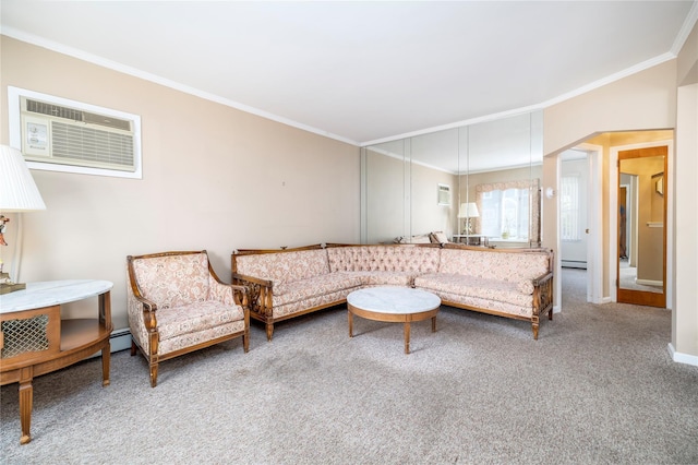 10 Wilton St, New Hyde Park, NY 11040 - living area with crown molding, carpet floors, an AC wall unit, a baseboard heating unit, and a baseboard radiator