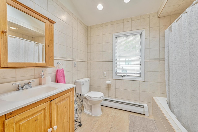 1096 Pearl St, North Woodmere, NY 11581 - full bathroom featuring baseboard heating, tile walls, vanity, tile patterned floors, and recessed lighting