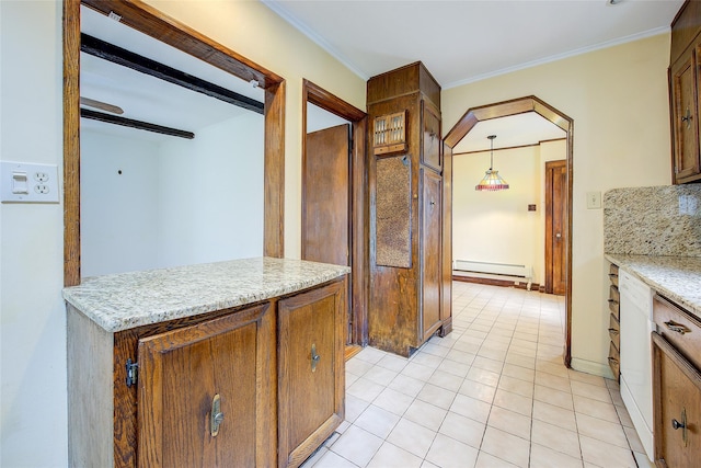 163 15th Dr, Whitestone, NY 11357 - kitchen featuring baseboard heating, ornamental molding, arched walkways, light tile patterned flooring, and decorative light fixtures