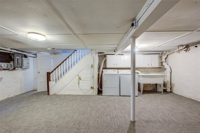163 15th Dr, Whitestone, NY 11357 - finished basement with washing machine and clothes dryer, electric panel, stairway, and carpet floors