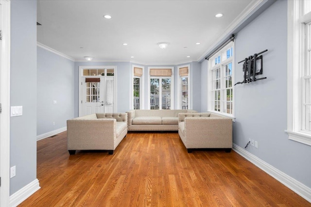 19 Olivia St Unit 5, Port Chester, NY 10573 - living area featuring ornamental molding, light wood-style floors, and recessed lighting