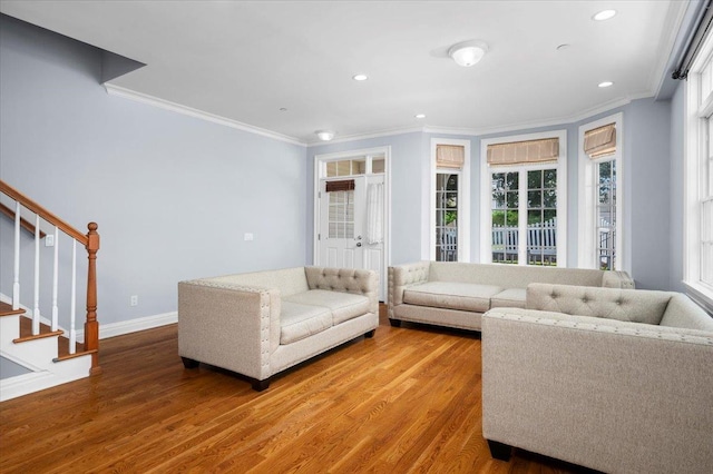 19 Olivia St Unit 5, Port Chester, NY 10573 - living room featuring crown molding, light wood-type flooring, stairs, and recessed lighting