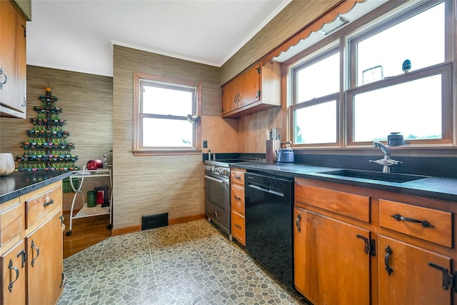 103 Harbor Beach Rd, Miller Place, NY 11764 - kitchen with black dishwasher, dark countertops, stainless steel range, crown molding, and brown cabinetry