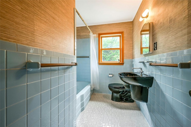 103 Harbor Beach Rd, Miller Place, NY 11764 - full bath with tile walls, tile patterned flooring, shower / bath combo with shower curtain, and wainscoting