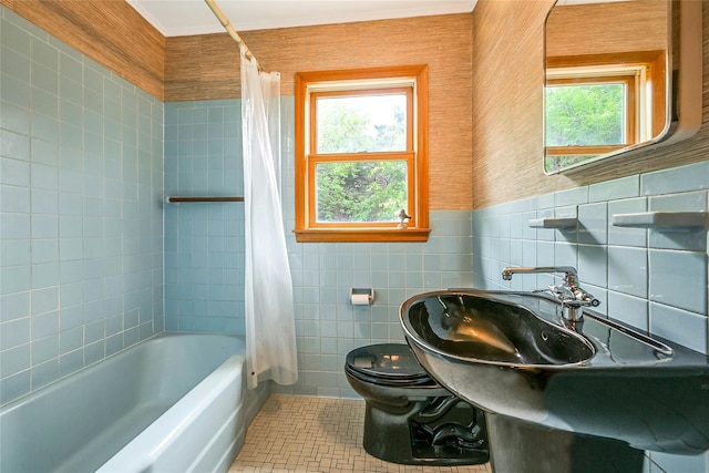 103 Harbor Beach Rd, Miller Place, NY 11764 - full bathroom with tile walls, shower / bath combo, tile patterned flooring, and crown molding