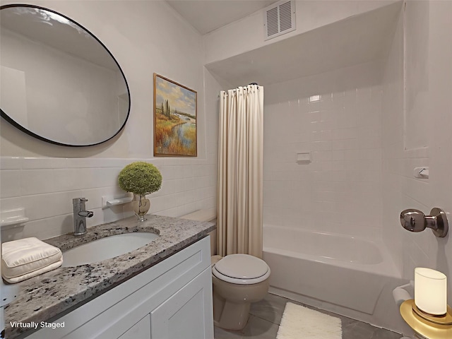 1811 123rd St Unit 4F, College Point, NY 11356 - bathroom featuring shower / bathtub combination with curtain, vanity, tile walls, and tile patterned flooring