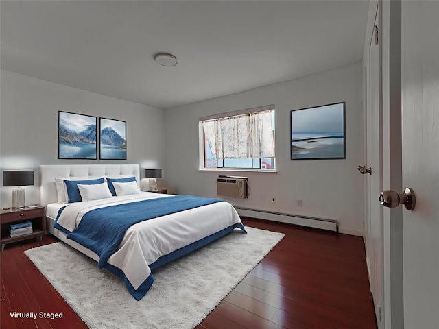 1811 123rd St Unit 4F, College Point, NY 11356 - bedroom featuring a baseboard radiator, dark wood-style floors, and a wall mounted air conditioner