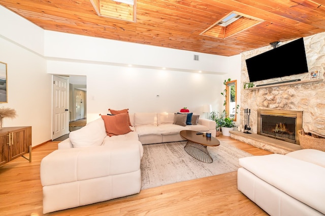 27 Dorchester Rd, Smithtown, NY 11787 - living area featuring a stone fireplace, wood ceiling, wood finished floors, and a skylight