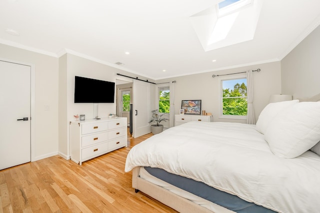 27 Dorchester Rd, Smithtown, NY 11787 - bedroom featuring a skylight, a barn door, light wood-style floors, access to exterior, and crown molding