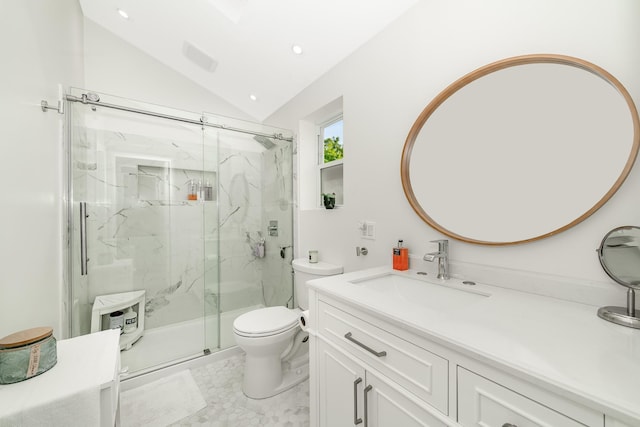 27 Dorchester Rd, Smithtown, NY 11787 - full bathroom with vanity, a marble finish shower, vaulted ceiling, recessed lighting, and marble look tiles