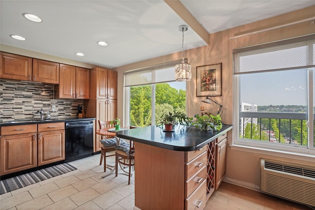 300 High Point Dr Unit 711, Hartsdale, NY 10530 - kitchen with black dishwasher, dark countertops, brown cabinetry, backsplash, and healthy amount of natural light