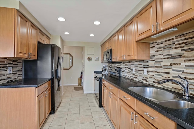 300 High Point Dr Unit 711, Hartsdale, NY 10530 - kitchen with black appliances, light tile patterned floors, decorative backsplash, recessed lighting, and brown cabinets