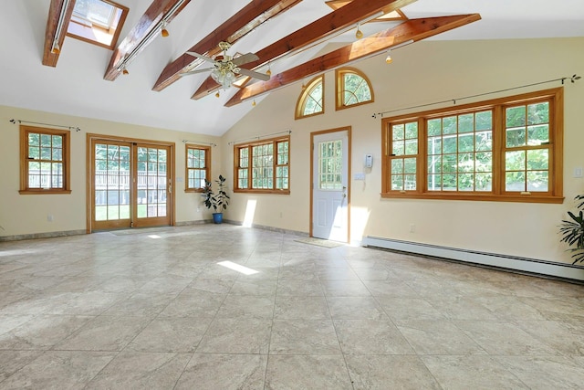 49 Nanny Hagen Rd, Thornwood, NY 10594 - empty room with beam ceiling, a baseboard heating unit, ceiling fan, high vaulted ceiling, and french doors