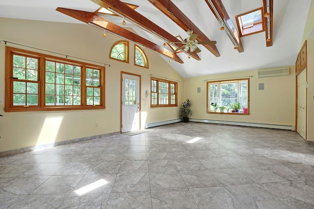 49 Nanny Hagen Rd, Thornwood, NY 10594 - spare room featuring beamed ceiling, high vaulted ceiling, a ceiling fan, a wall mounted AC, and a baseboard heating unit