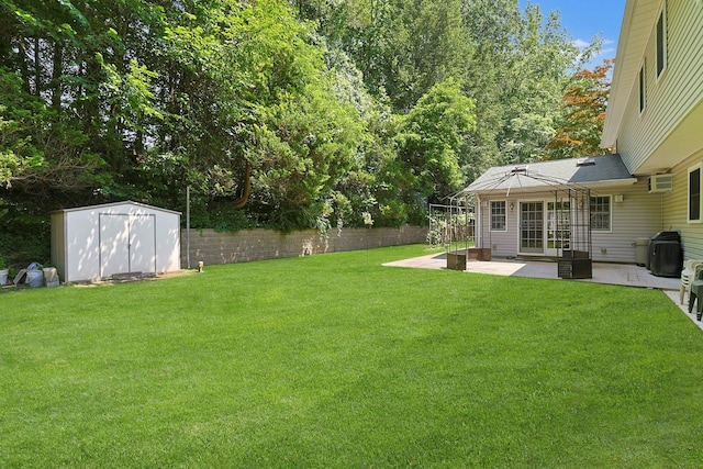 49 Nanny Hagen Rd, Thornwood, NY 10594 - fenced backyard featuring a patio area, a storage shed, and an AC wall unit