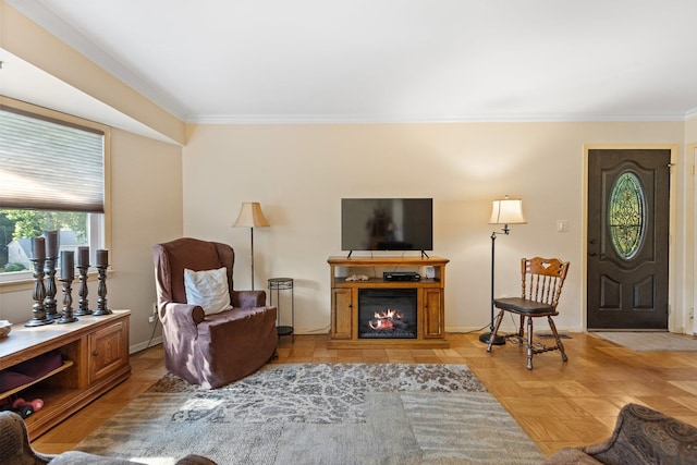 4 Devon Ct Unit B, Yorktown Heights, NY 10598 - living area featuring crown molding and a glass covered fireplace