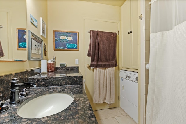4 Devon Ct Unit B, Yorktown Heights, NY 10598 - bathroom featuring washer / clothes dryer, tile patterned floors, vanity, and curtained shower