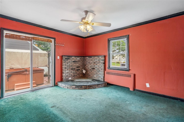 204 Leonard St, North Bellmore, NY 11710 - unfurnished living room featuring radiator, crown molding, carpet floors, and a ceiling fan
