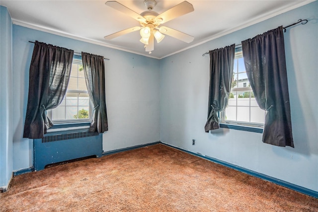 204 Leonard St, North Bellmore, NY 11710 - empty room featuring carpet floors, crown molding, a ceiling fan, and radiator