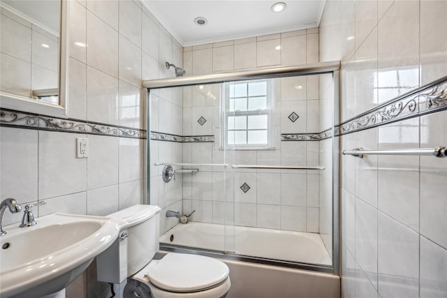 204 Leonard St, North Bellmore, NY 11710 - bathroom featuring tile walls, enclosed tub / shower combo, and crown molding