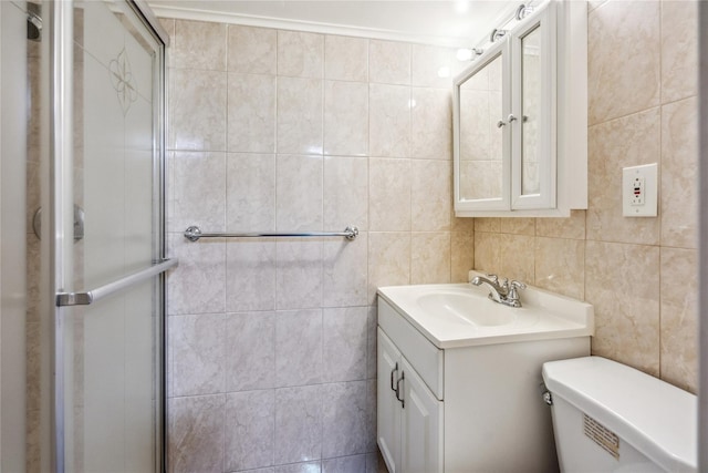 204 Leonard St, North Bellmore, NY 11710 - bathroom featuring tile walls, vanity, and a shower with shower door